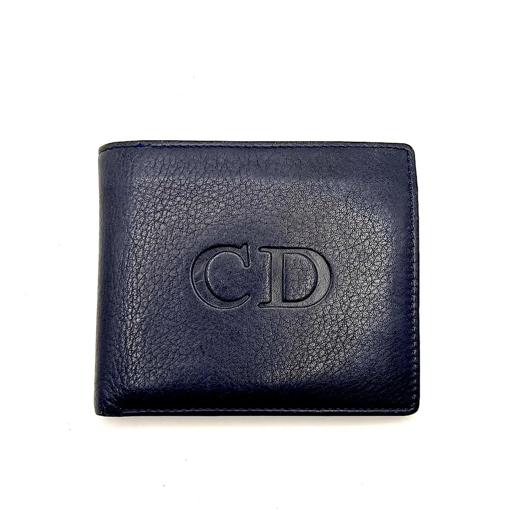 Authentic Christian Dior Dark Navy & Red CD Embossed Leather Bifold Wallet EUC